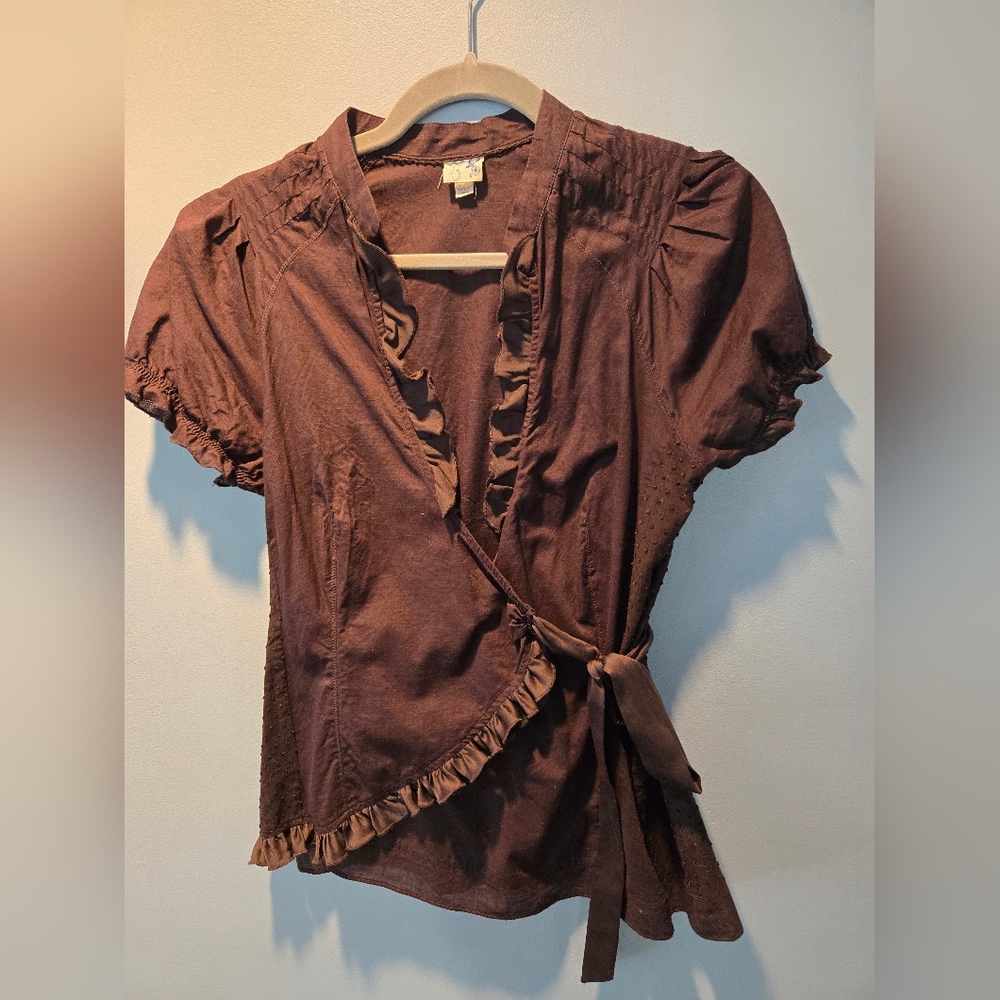 Brown Ruffled Wrap Top From Anthropologie